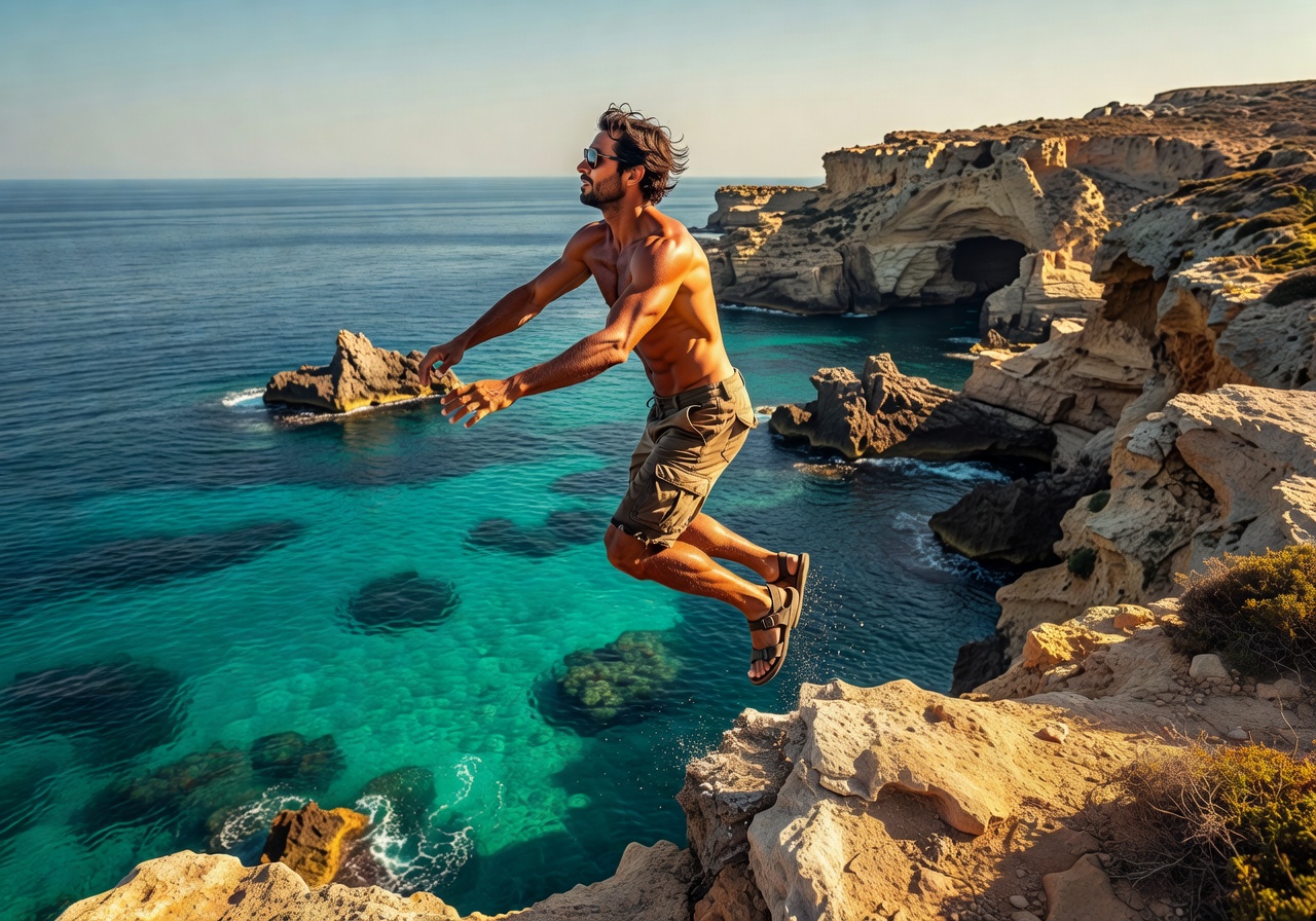 Person cliff jumping into turquoise Mediterranean sea from rocky Malta coastline