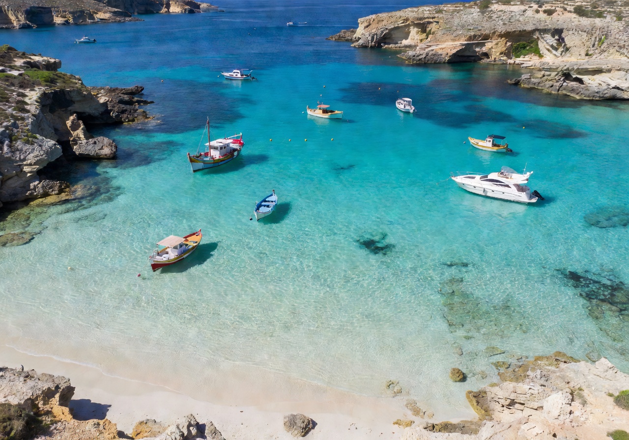 Aerial view of the Blue Lagoon in Malta with crystal-clear turquoise waters and boats