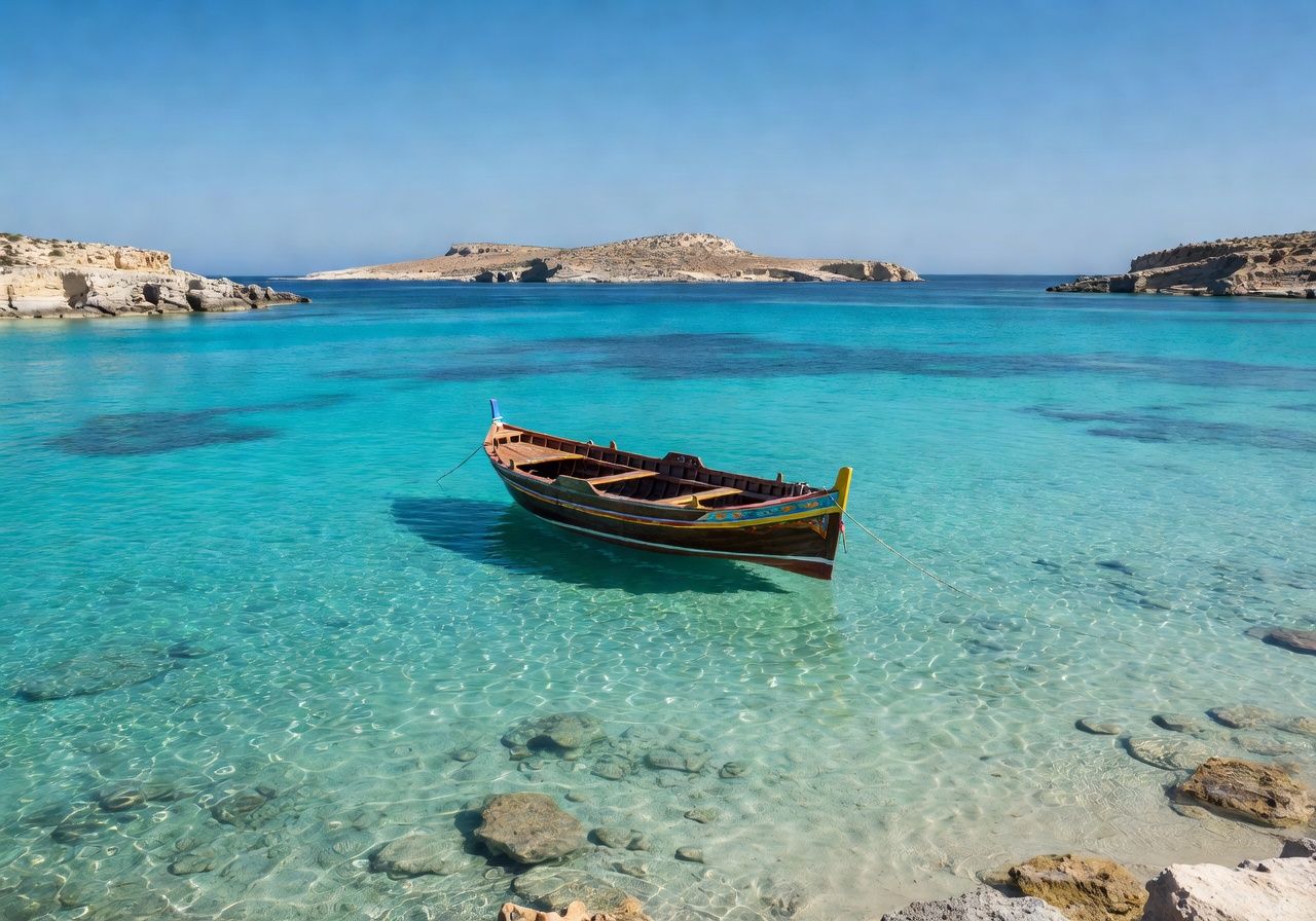 Blue Lagoon boat tour in Malta with crystal-clear turquoise water and traditional wooden boat