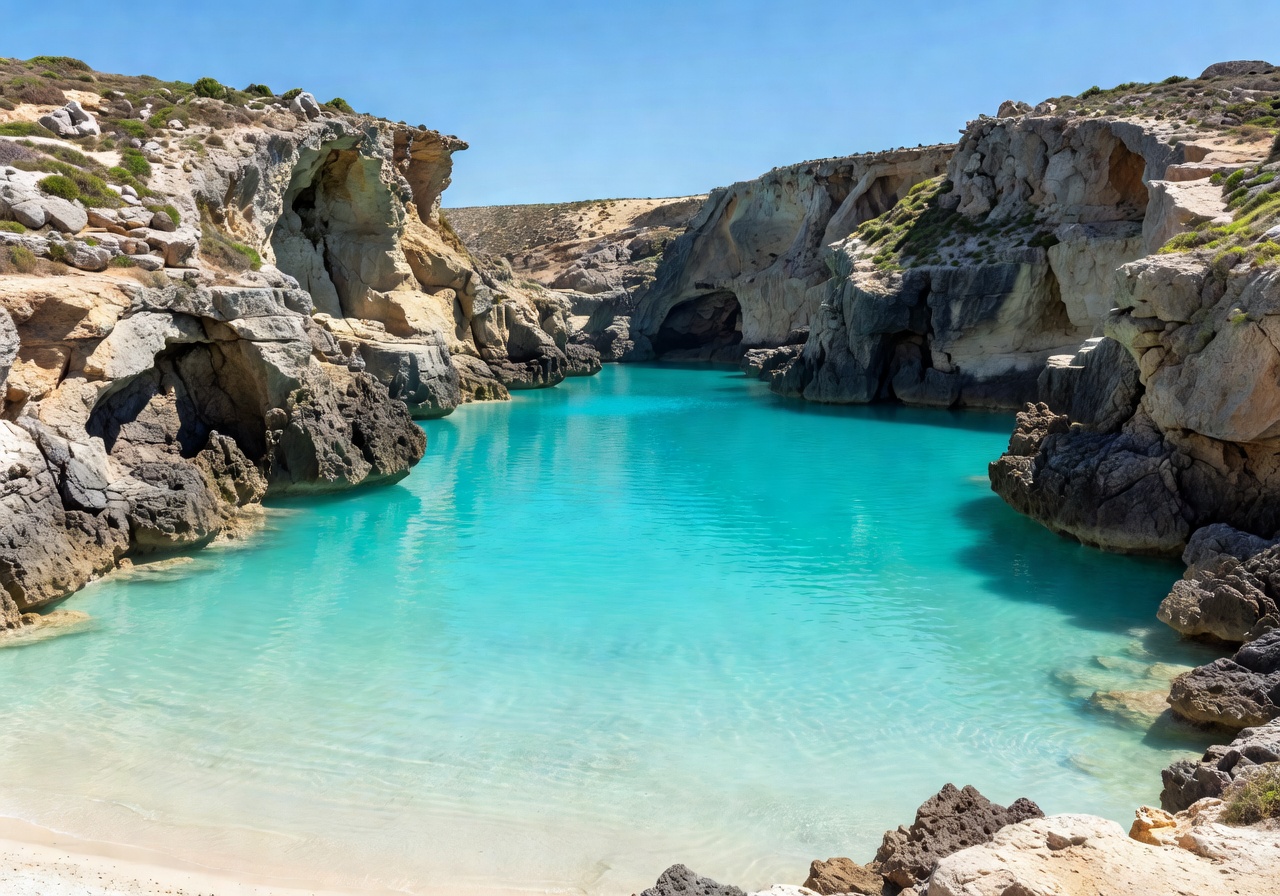 Blue Lagoon Comino Malta with brilliant turquoise water between rocky cliffs