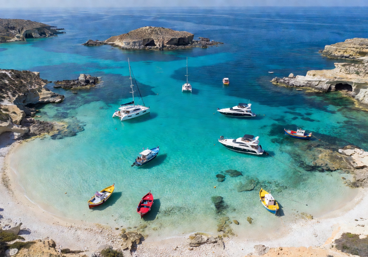 Blue Lagoon Malta aerial view showing turquoise water and boats