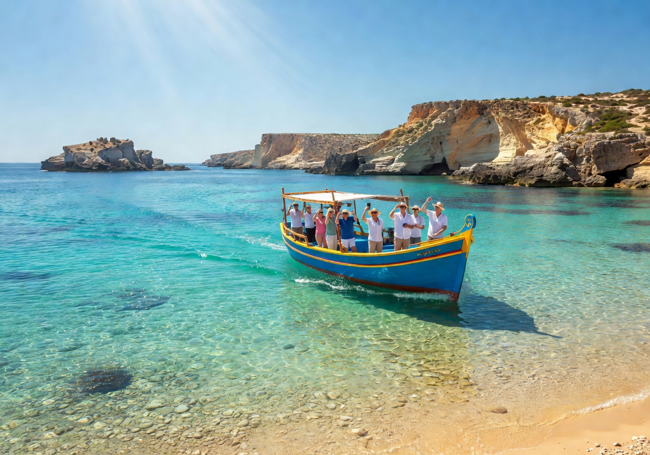 Boat tour sailing through crystal-clear Mediterranean waters near Comino