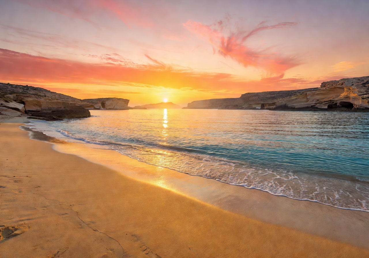 Golden Bay Malta sandy beach with golden sand and Mediterranean sunset
