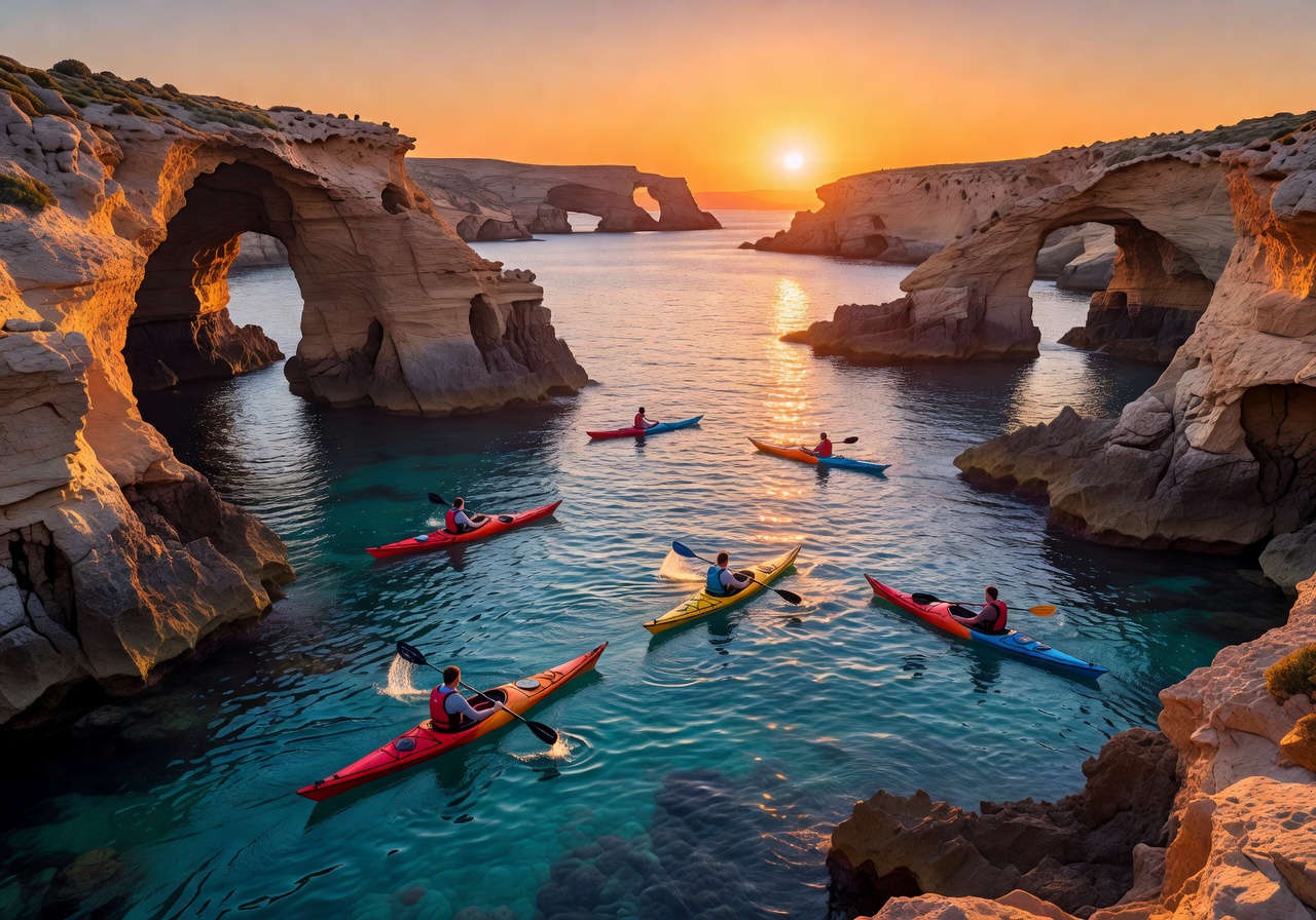Kayakers paddling along dramatic Malta sea caves and coastline at sunset