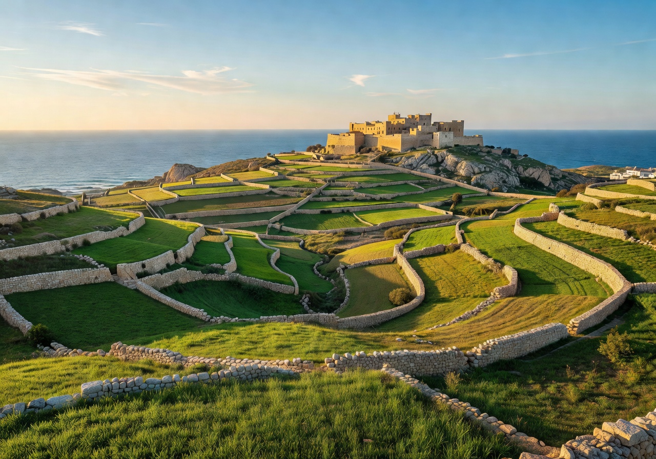Panoramic landscape of Gozo island Malta with green terraced fields and ancient citadel