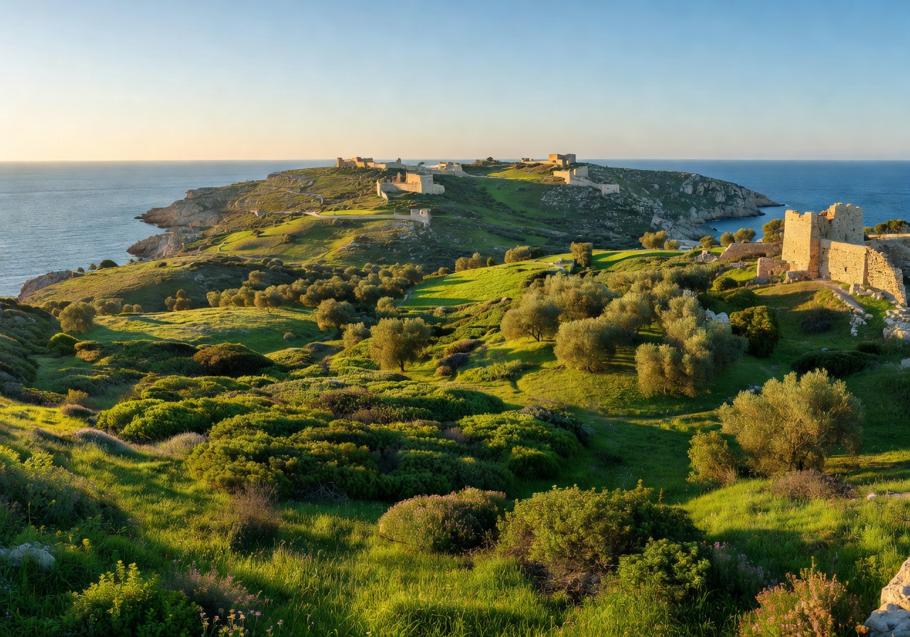 Panoramic view of Gozo island Malta with green hills and ancient fortifications