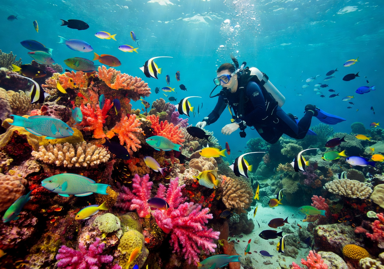 Scuba diver exploring underwater coral reef and marine life in Malta