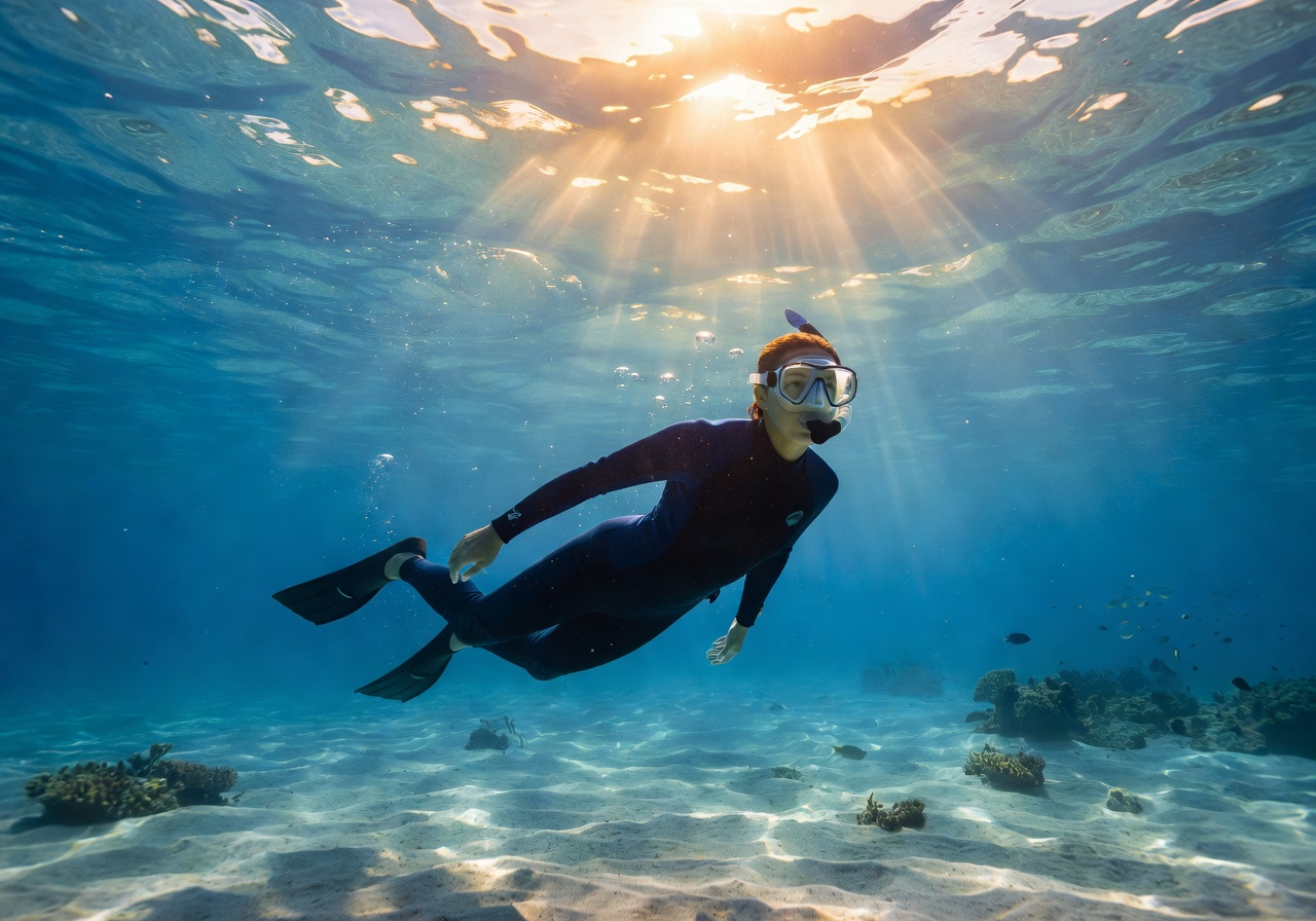 Snorkeler in clear water with sun rays visible underwater