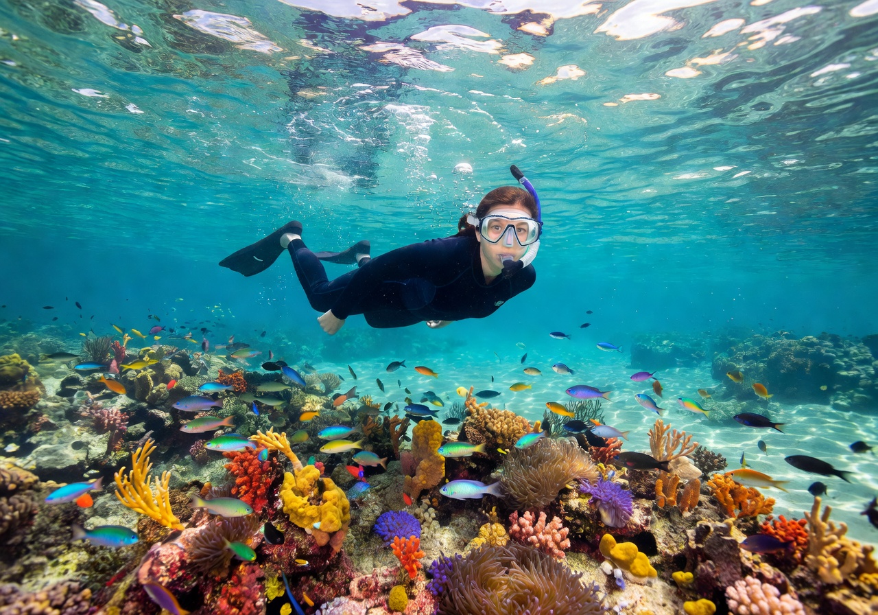 Snorkeler swimming above colorful marine life in crystal-clear Malta waters