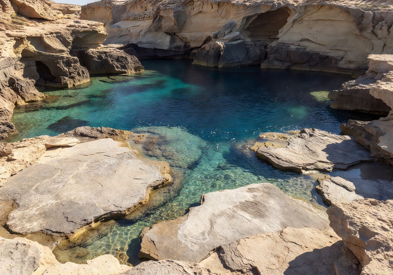 St Peter's Pool Malta natural swimming pool with flat rocky platforms and deep blue water