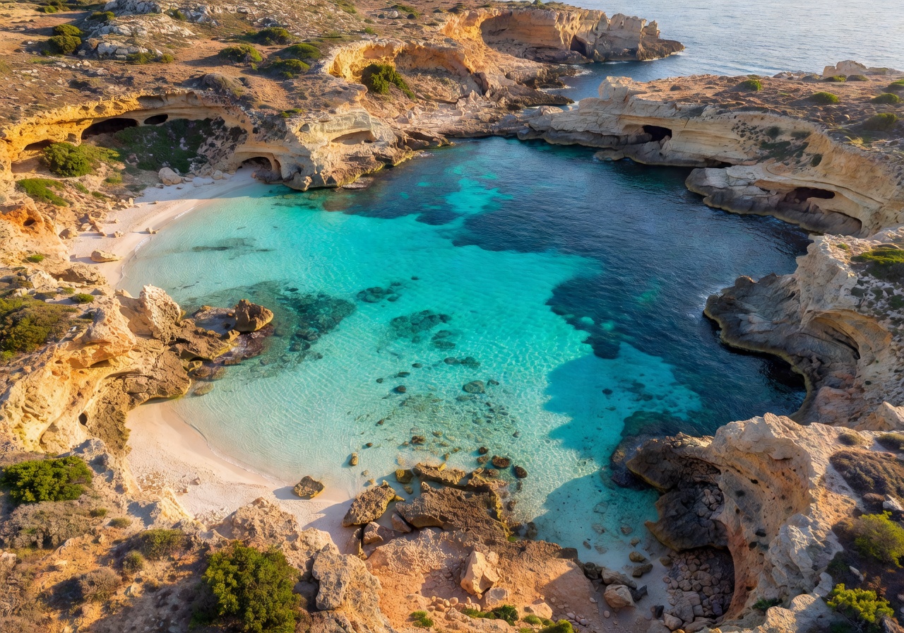 Stunning aerial view of Malta Blue Lagoon with turquoise waters surrounded by rocky coastline